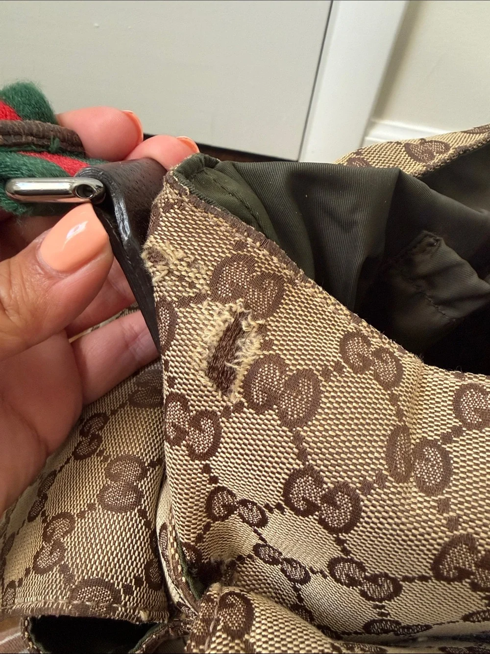 Gucci Brown GG Canvas Diaper Bag with Green and Red Signature Strap